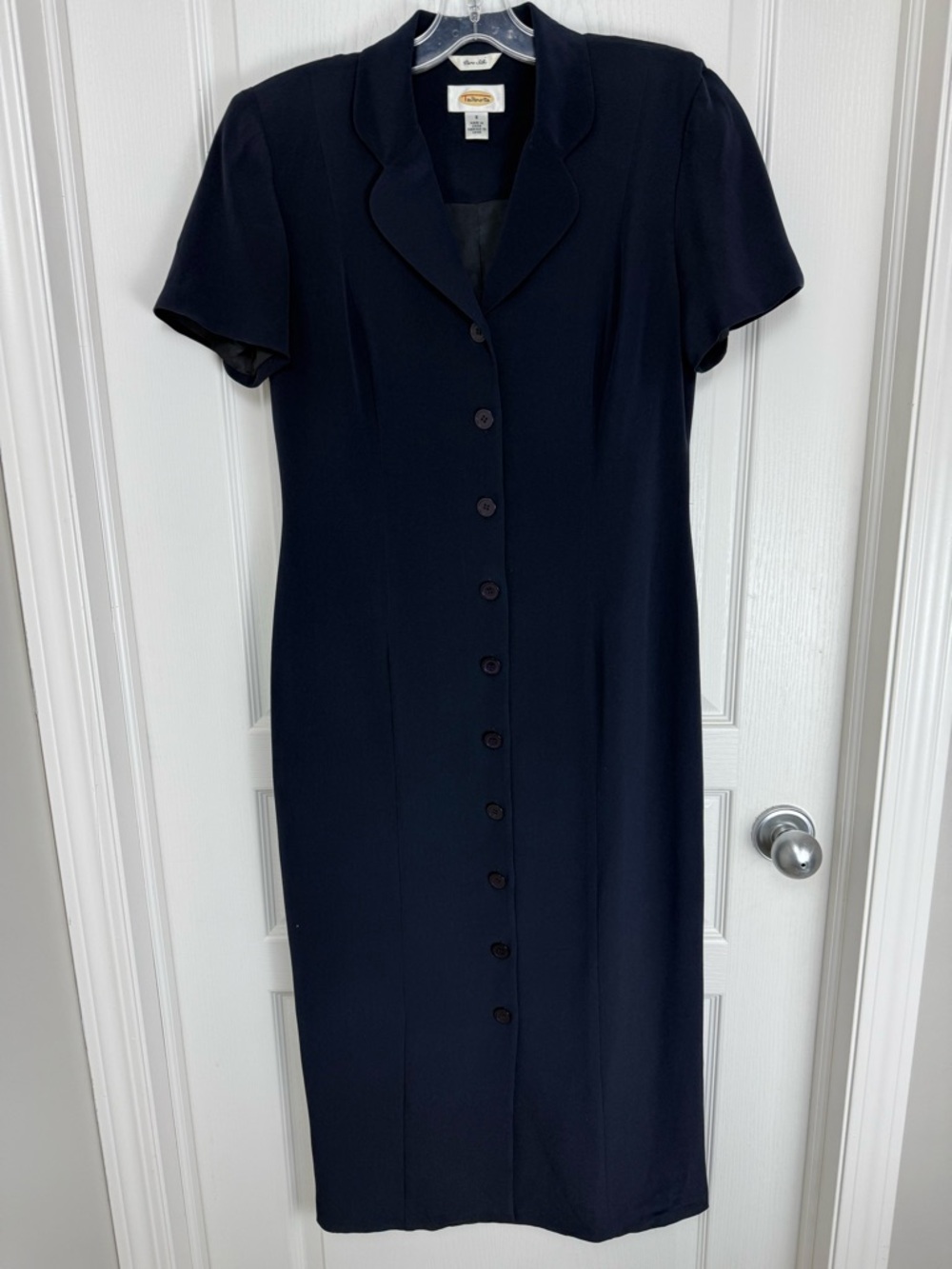 Vintage 90s Silk Button Up Dress Size 8 Navy Blue Talbots - Picture 2 of 10